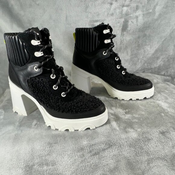 Sorel Womens boots 8.5 Brex Black leather Faux shearling block heel lace-up boot - Picture 1 of 16